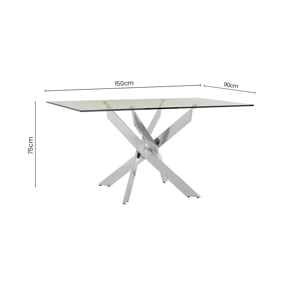 Rectangular Tempered Glass Top Dining Table with Intersecting Silver Chrome Base, Allure - PN Home