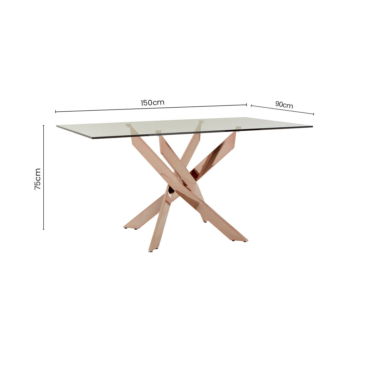 Rectangular Tempered Glass Top Dining Table with Intersecting Rose Gold Stainless Steel Base, Allure - PN Home