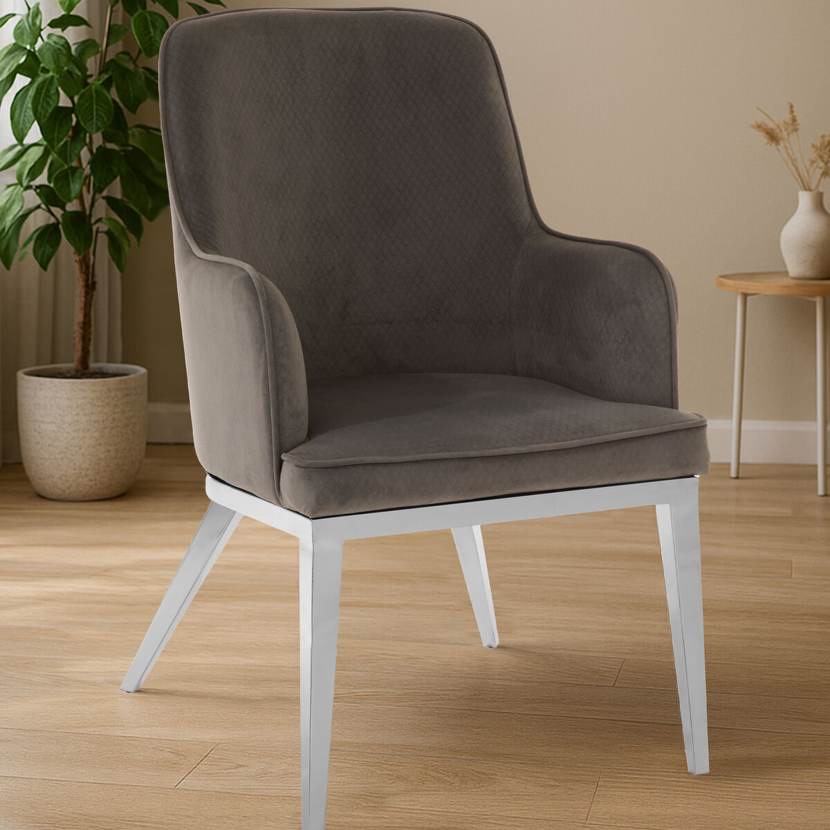 Eliza Grey Velvet Dining Chair With Silver Finish Legs - PN Home
