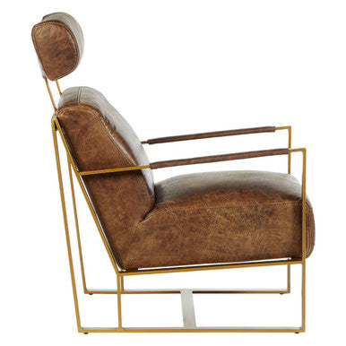 Hoxton Brown Leather Lounge Chair with Rose Gold Iron Frame - PN Home