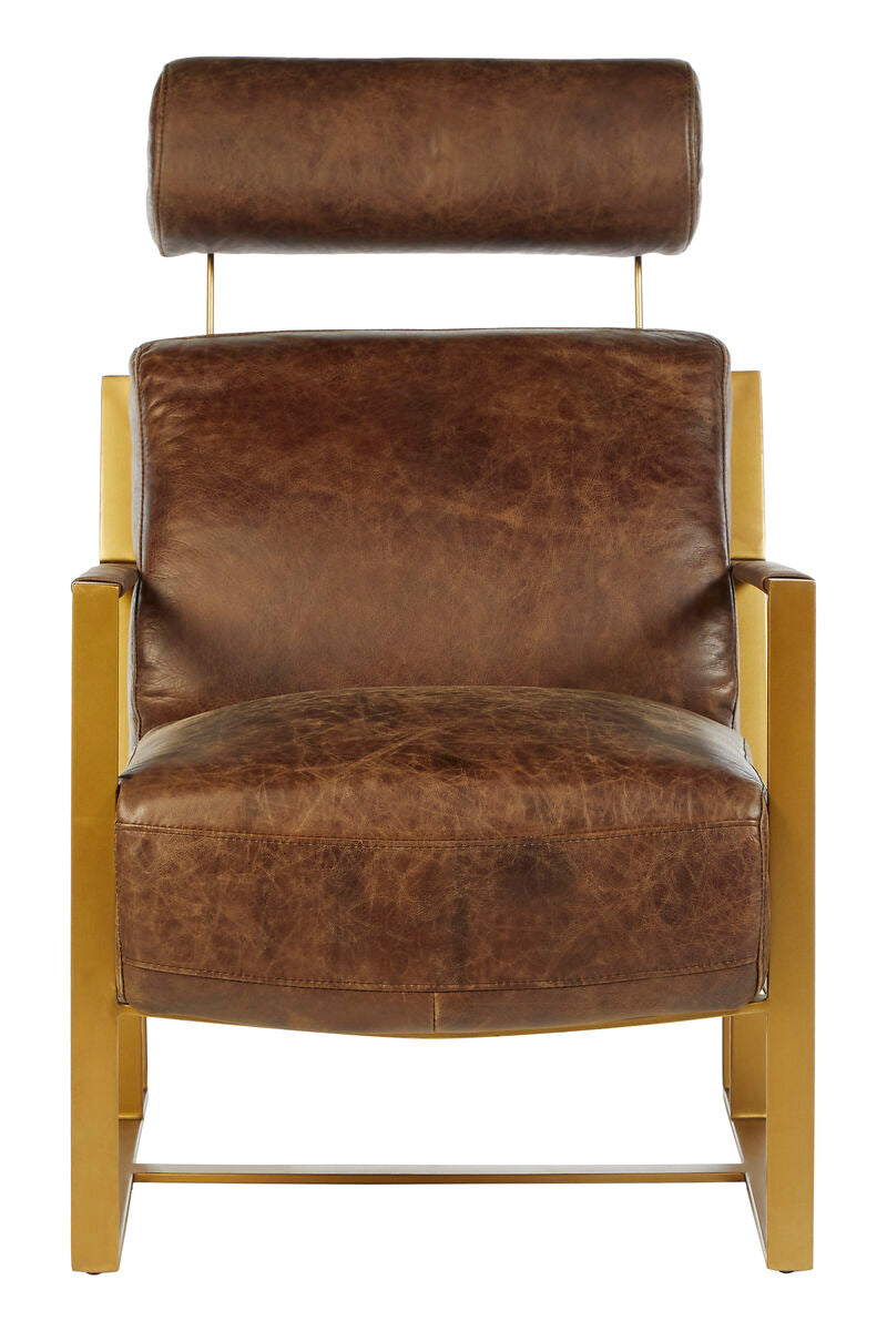 Hoxton Brown Leather Lounge Chair with Rose Gold Iron Frame - PN Home