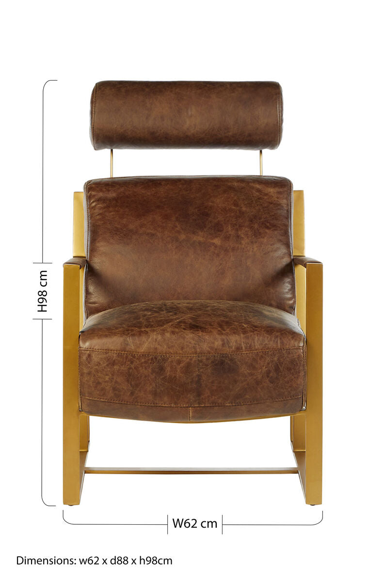 Hoxton Brown Leather Lounge Chair with Rose Gold Iron Frame - PN Home