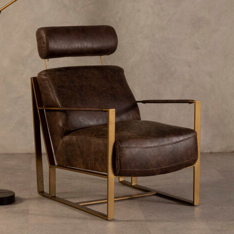 Hoxton Brown Leather Lounge Chair with Rose Gold Iron Frame - PN Home