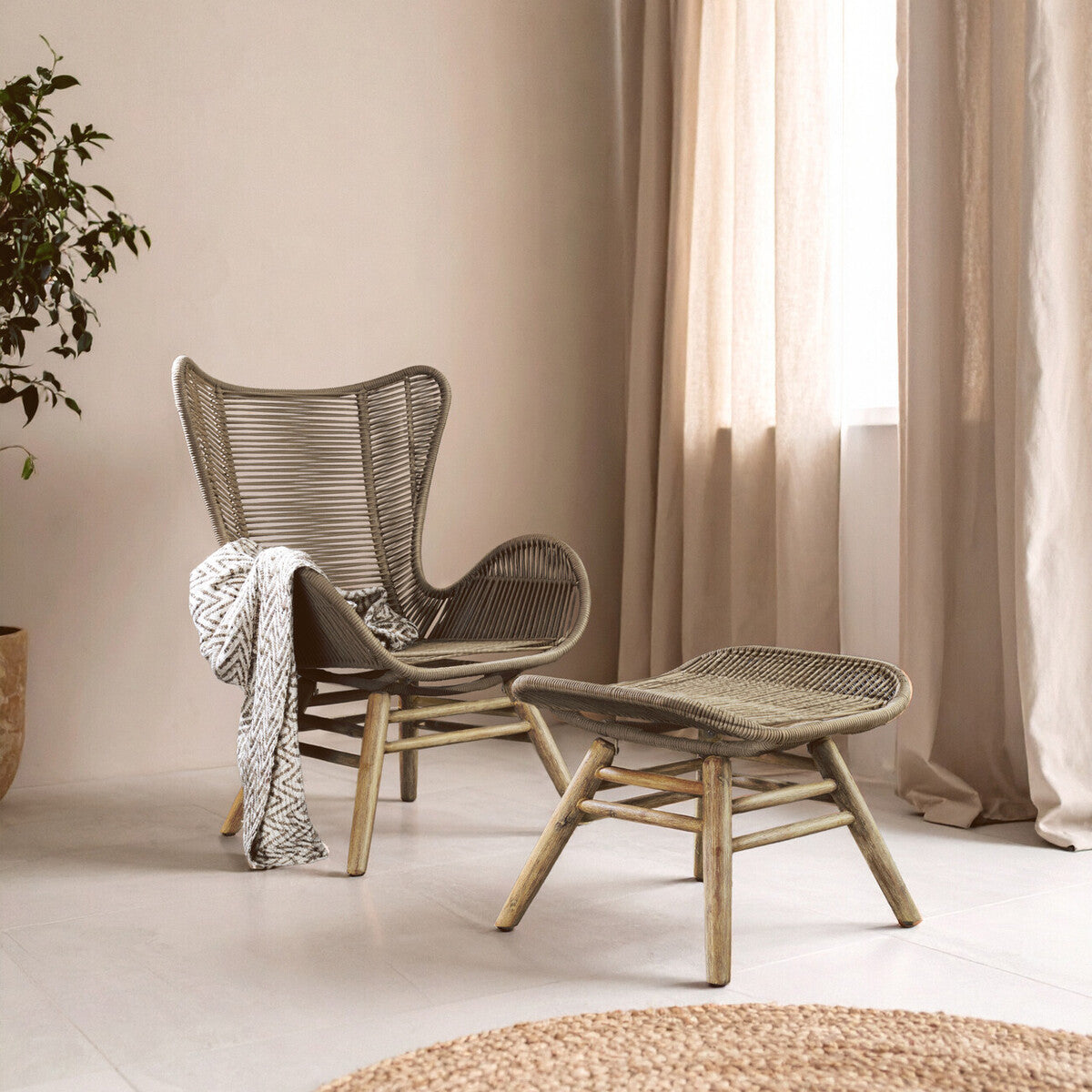 Sisal Latte Rope Lounge Chair And Footstool - PN Home