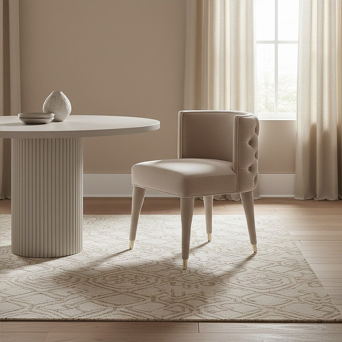 Villi Beige Velvet Tufted Curved Dining Chair - PN Home