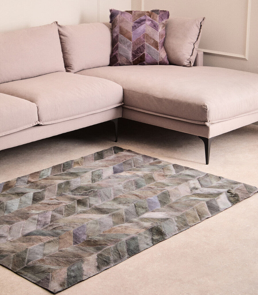 Bosie Safira Small Grey Hair on Leather Chevron Patchwork Rug - PN Home
