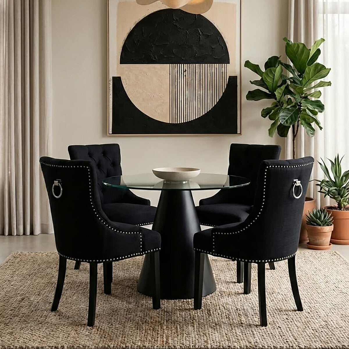 Kensington Townhouse Black Linen Studded Dining Chair - PN Home