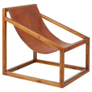 Kendari Brown Leather and Teak Wood Sling Chair - PN Home