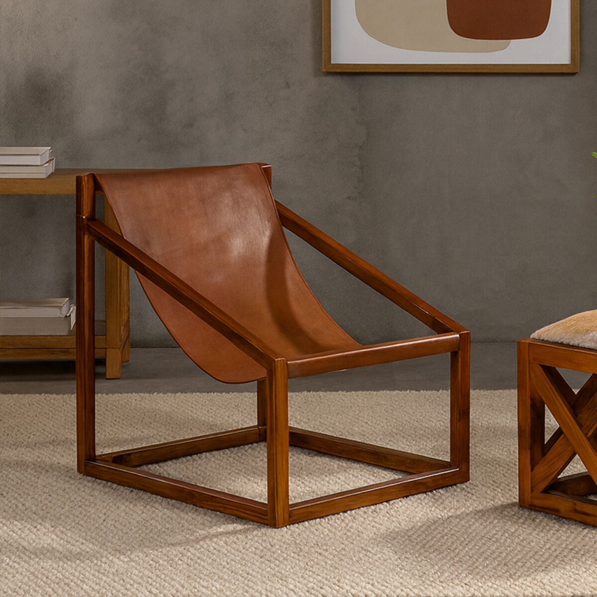 Kendari Brown Leather and Teak Wood Sling Chair - PN Home