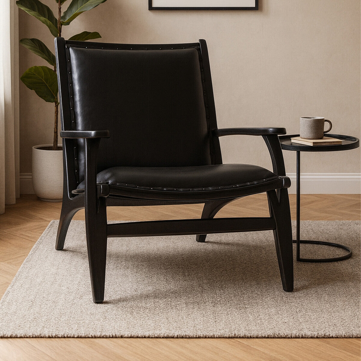 Kendari Black Leather and Teak Wood Chair with Stud Detail - PN Home