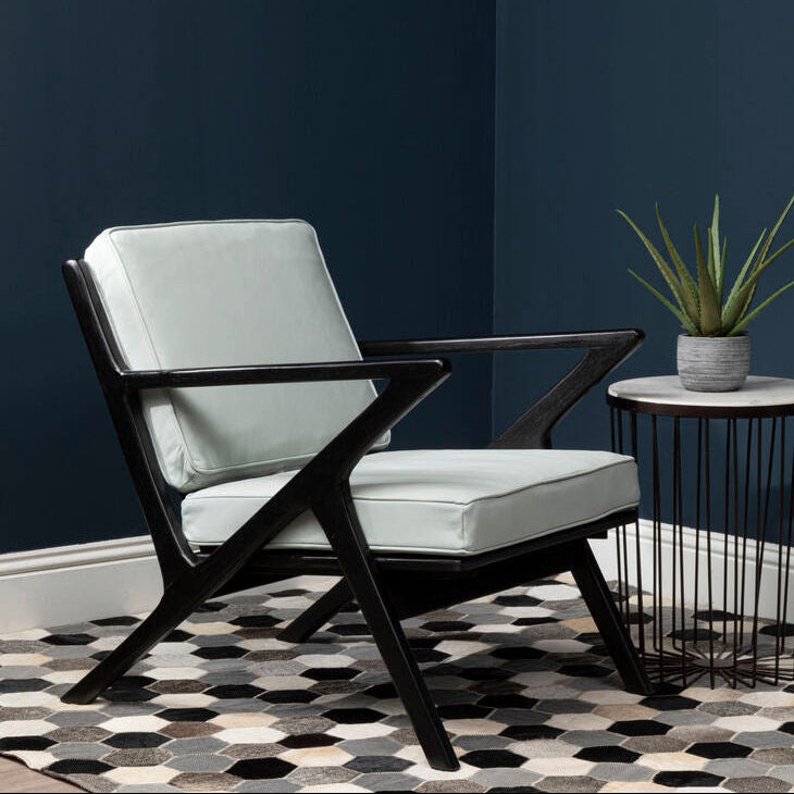 Kendari Grey Leather and Black Teak Wood Armchair - PN Home