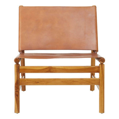 Kendari Brown Leather and Teak Modern Sling Chair - PN Home