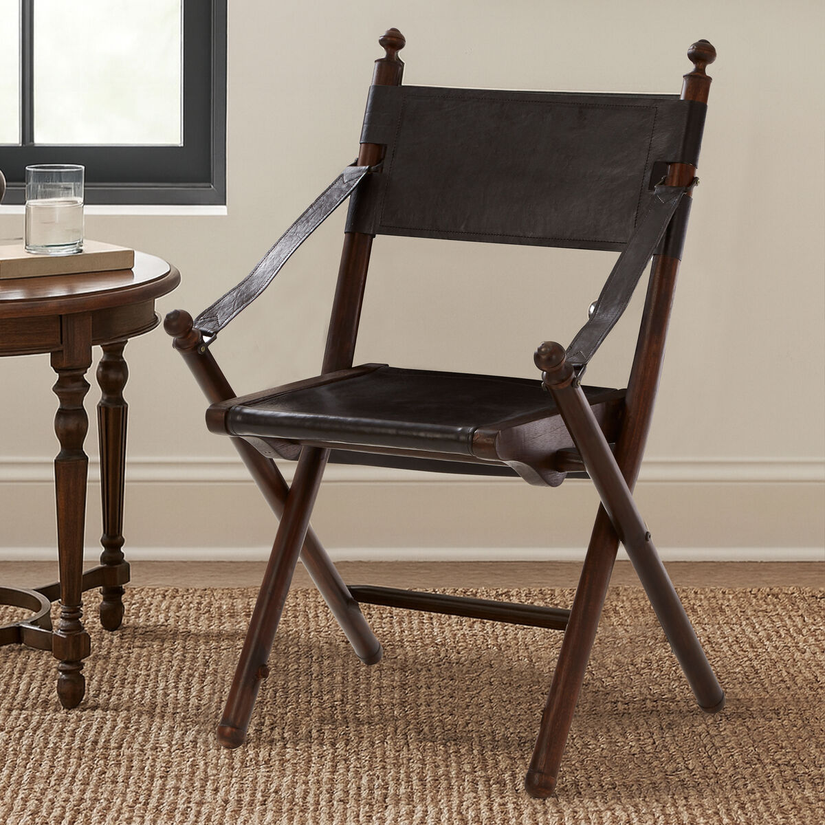 Inca Black Leather and Teak Wood Folding Chair - PN Home