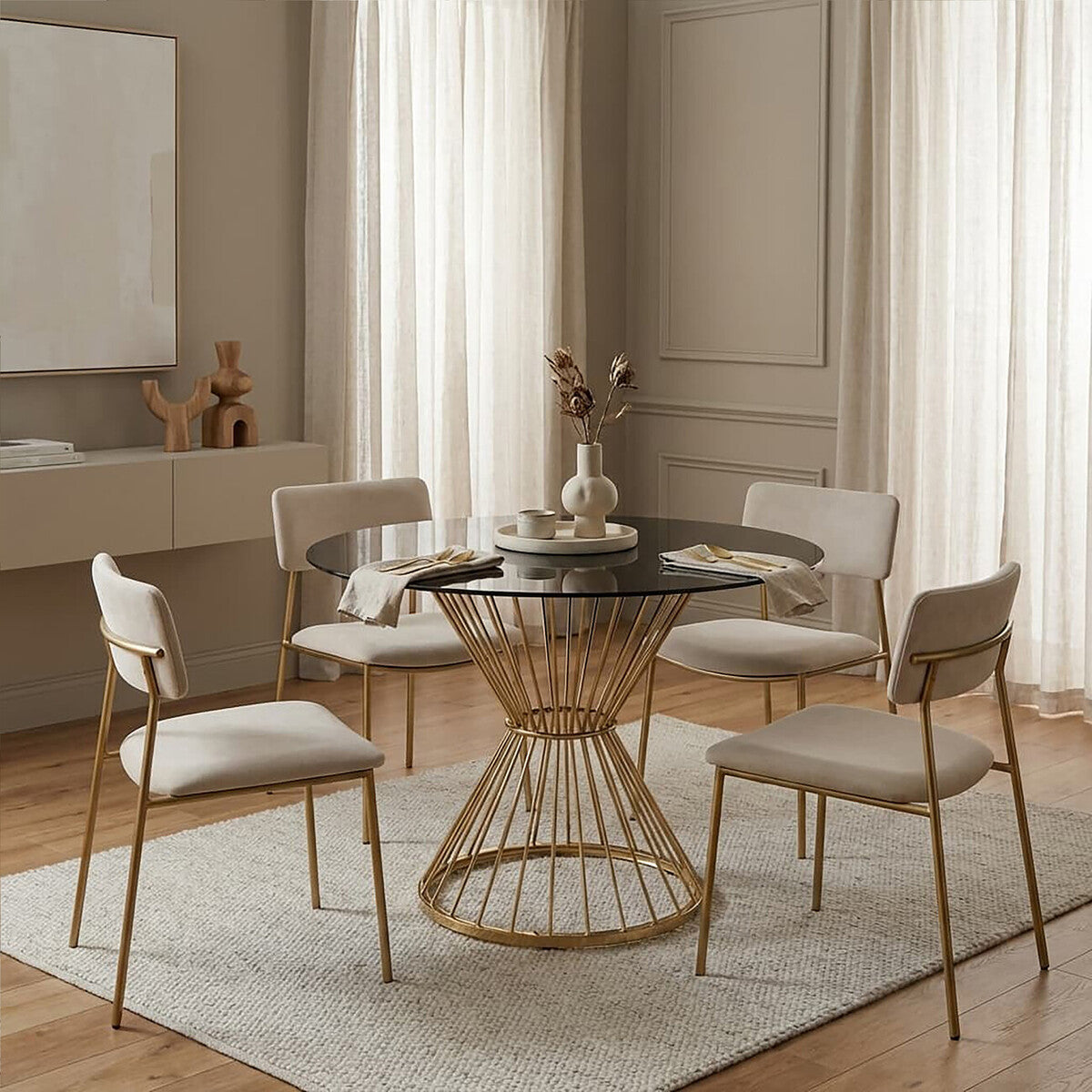 Hourglass Dining Table with Black Glass Top and Gold Base, Anzio - PN Home