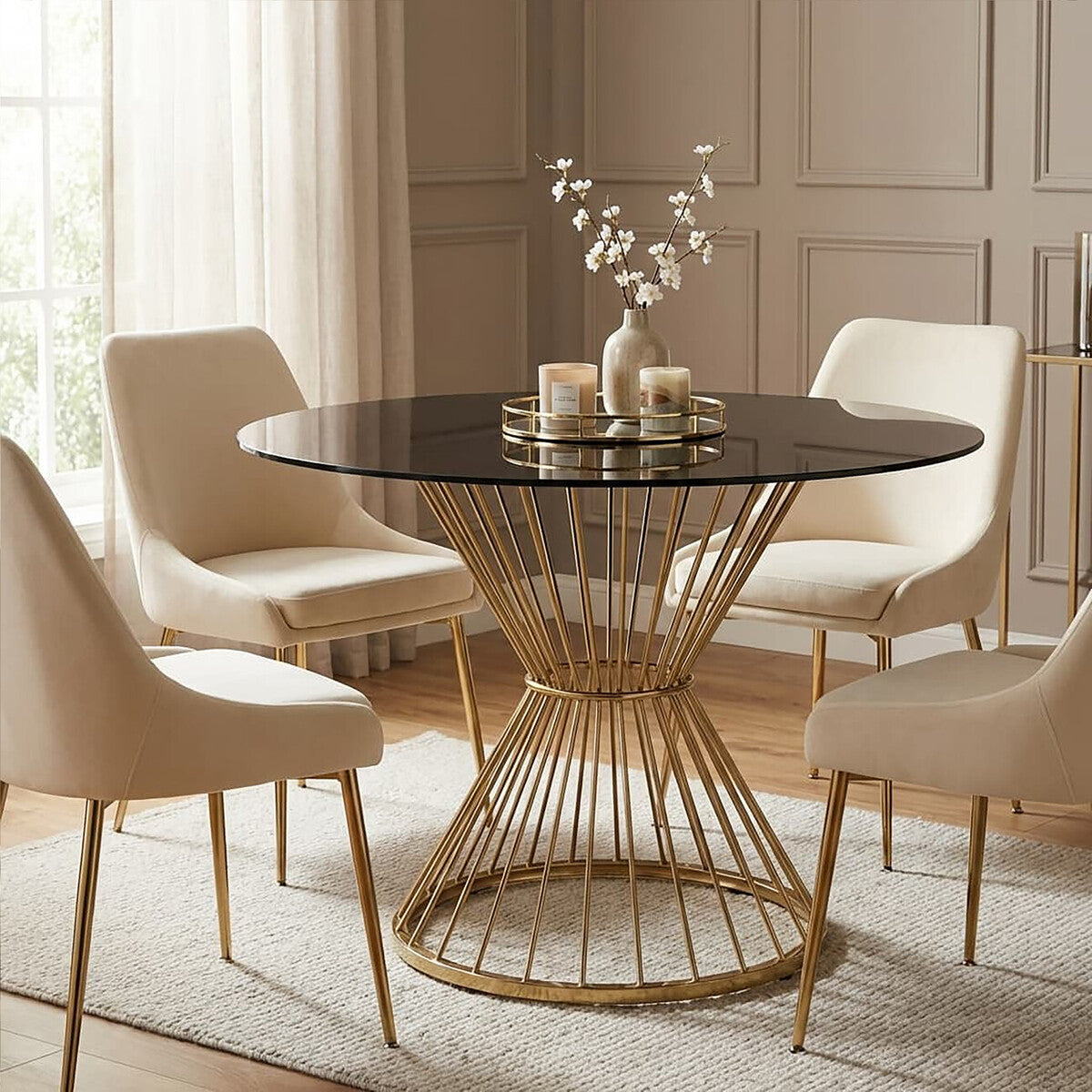 Hourglass Dining Table with Black Glass Top and Gold Base, Anzio - PN Home