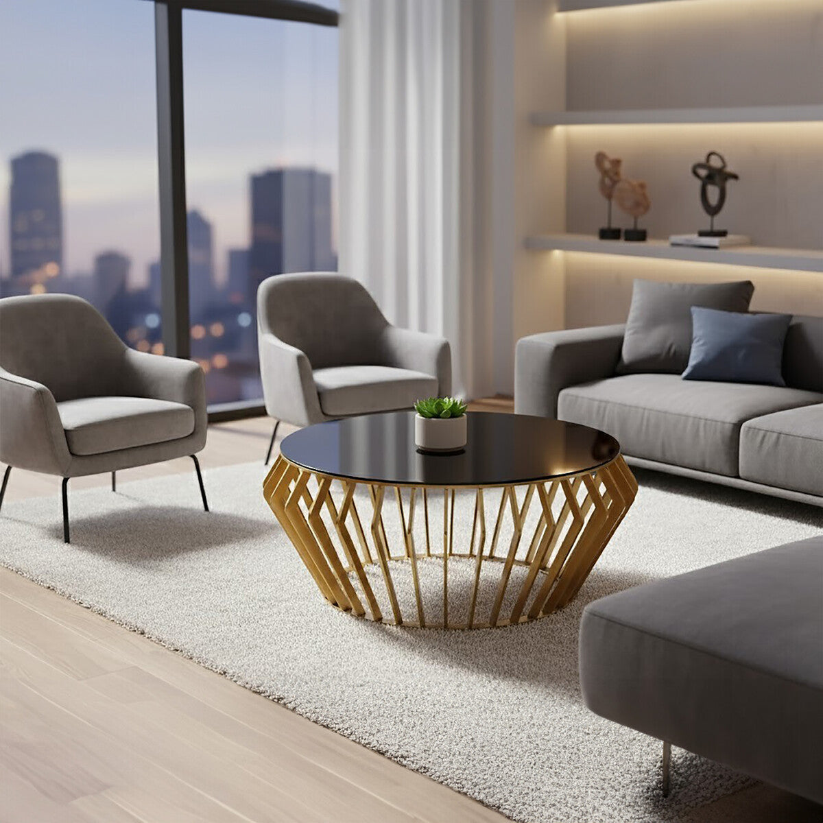 Ackley Gold Round Coffee Table with Black Glass - PN Home