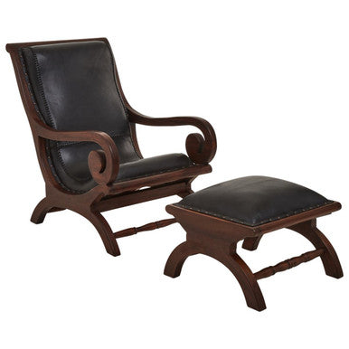 Inca Genuine Black Leather and Teak Lounge Chair with Footstool - PN Home
