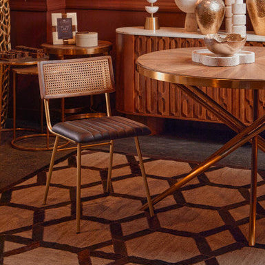 Gold Aged Fir Wood Rustic Top Dining Table with Stainless Steel Tied Base, Jana - PN Home