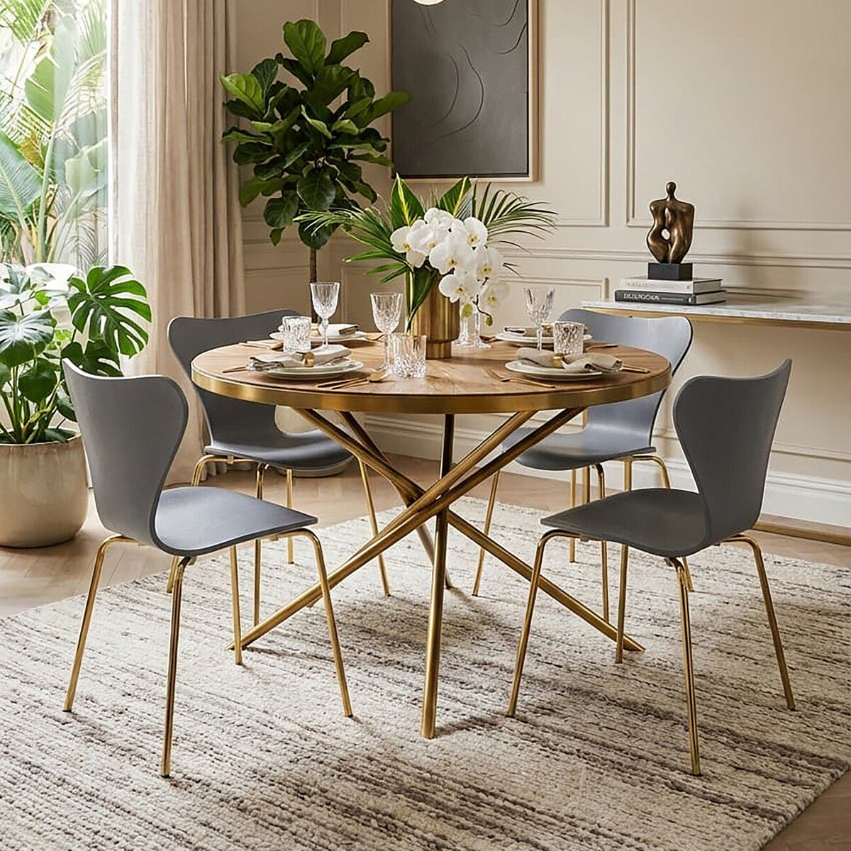 Gold Aged Fir Wood Rustic Top Dining Table with Stainless Steel Tied Base, Jana - PN Home