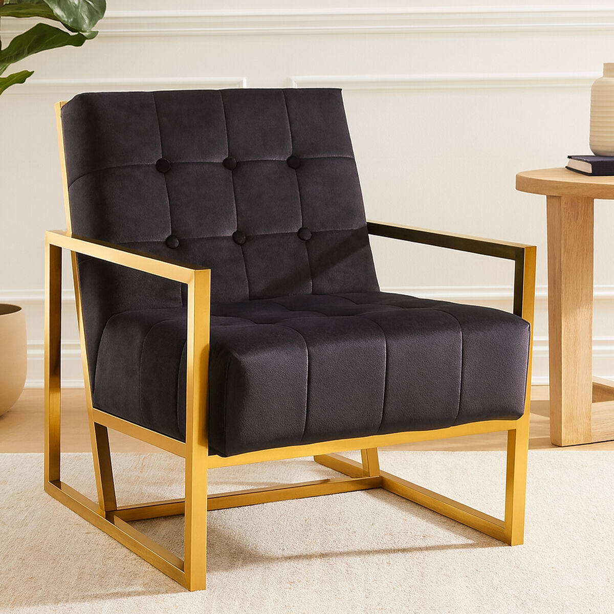 Hana Black Velvet Chair With Gold Frame - PN Home