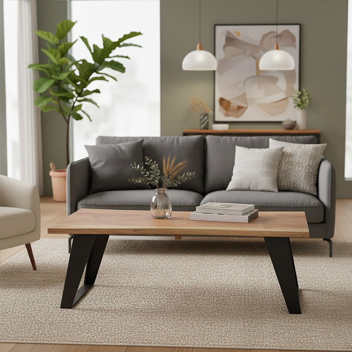 Live Edge Acacia Wood Top Coffee Table with Black Iron Legs, Surax - PN Home