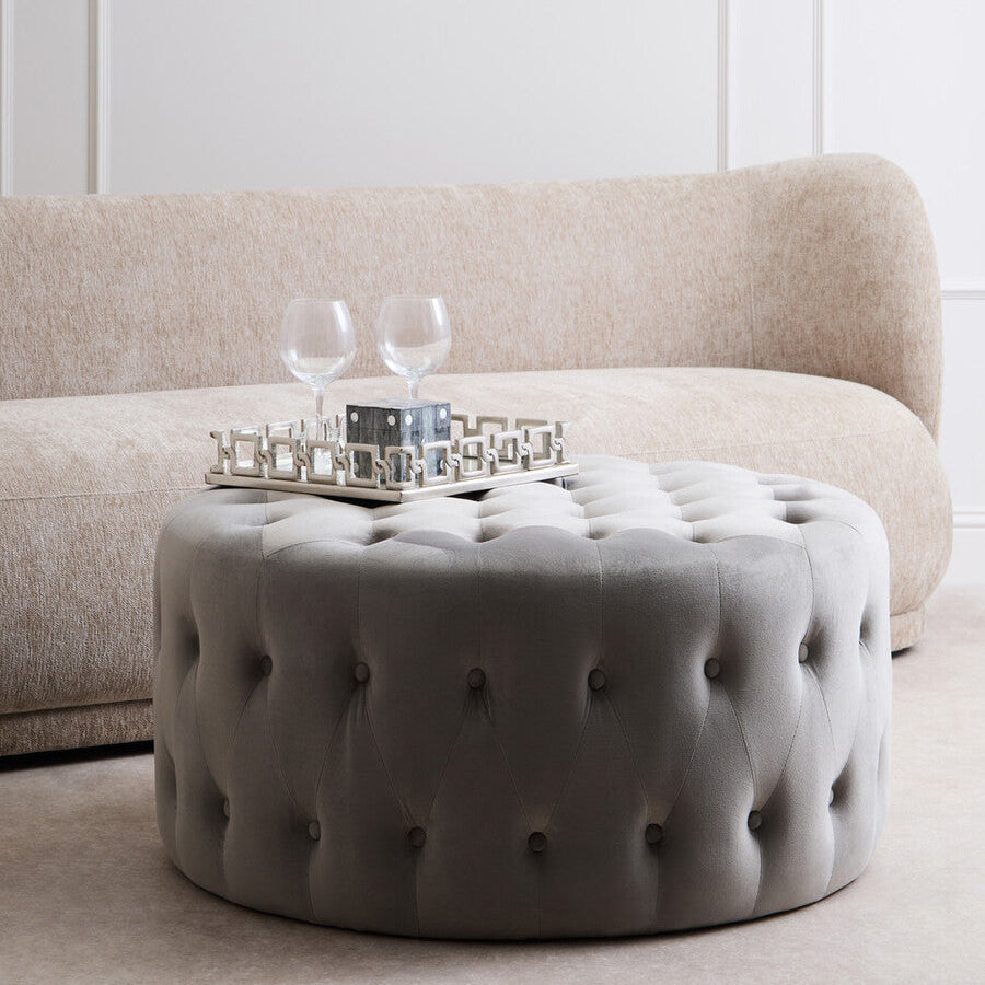 Haley Grey Velvet Button Tufted Large Footstool