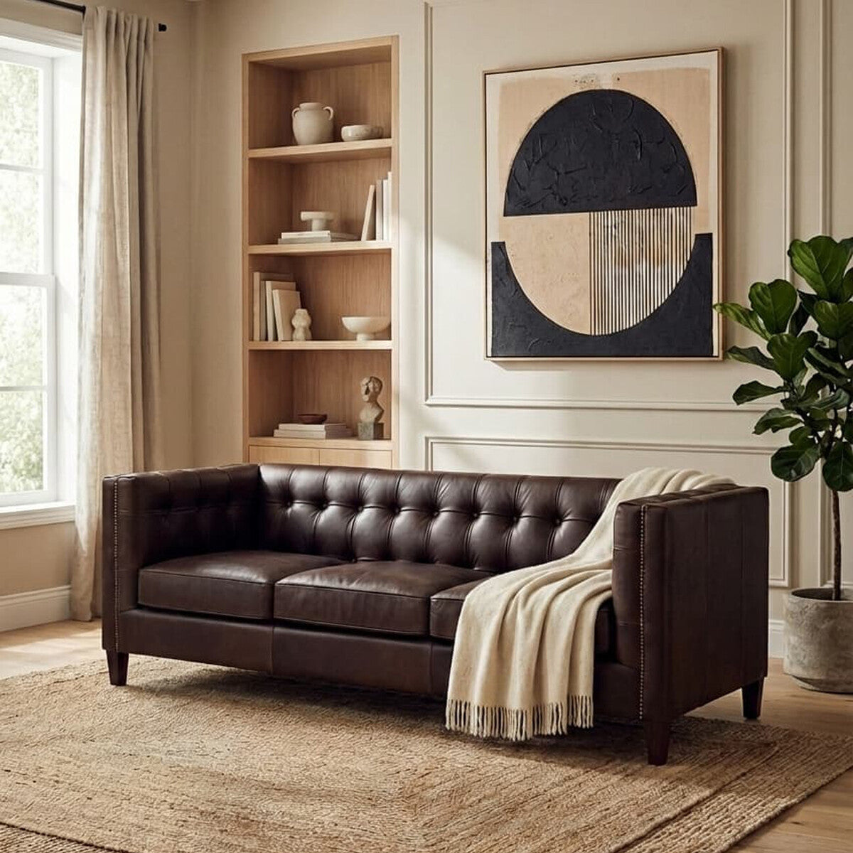 3 Seater Modern Chesterfield Dark Brown Leather Sofa, King - PN Home