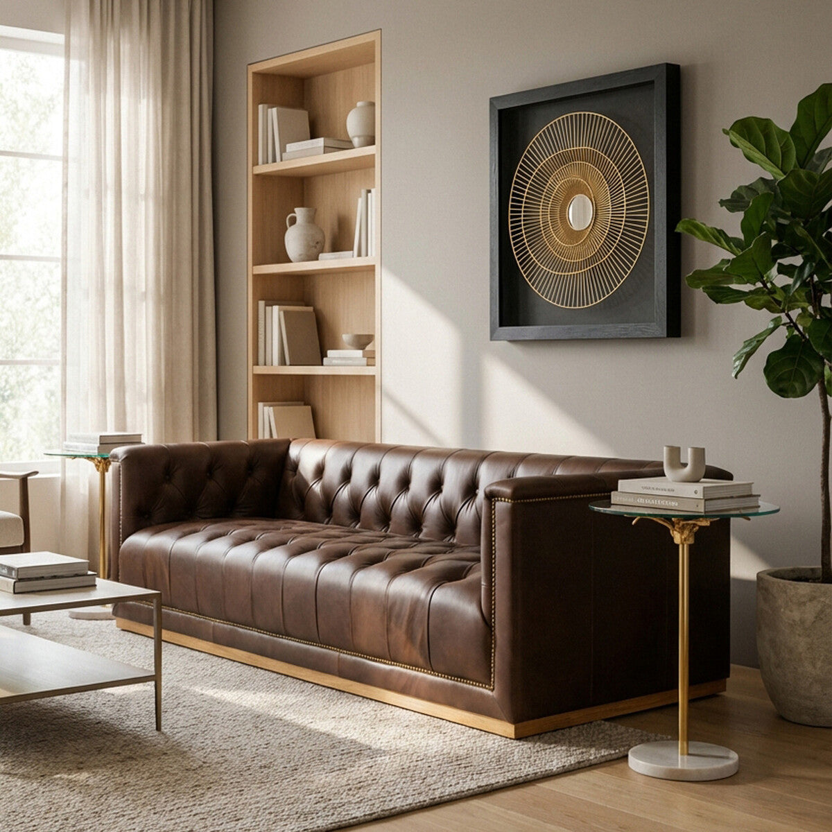 3 Seater Modern Chesterfield Dark Brown Leather Sofa, King - PN Home