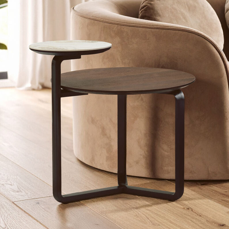 Brown Marble Effect Ceramic Top Round 2-Tier Coffee Table with Eucalyptus Veneer Lower Shelf and Black Metal Legs, Imperia