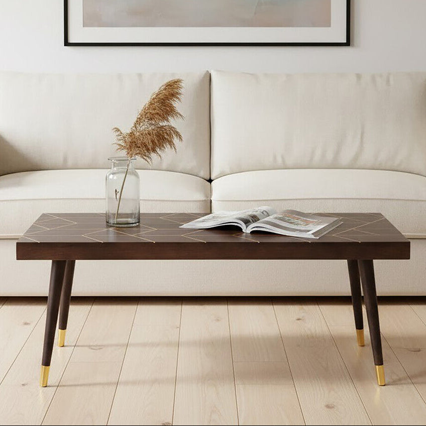 Brown Mango Wood Rectangular Coffee Table with Gold Tip Legs and Geometric Gold Lines on Top, Naro - PN Home