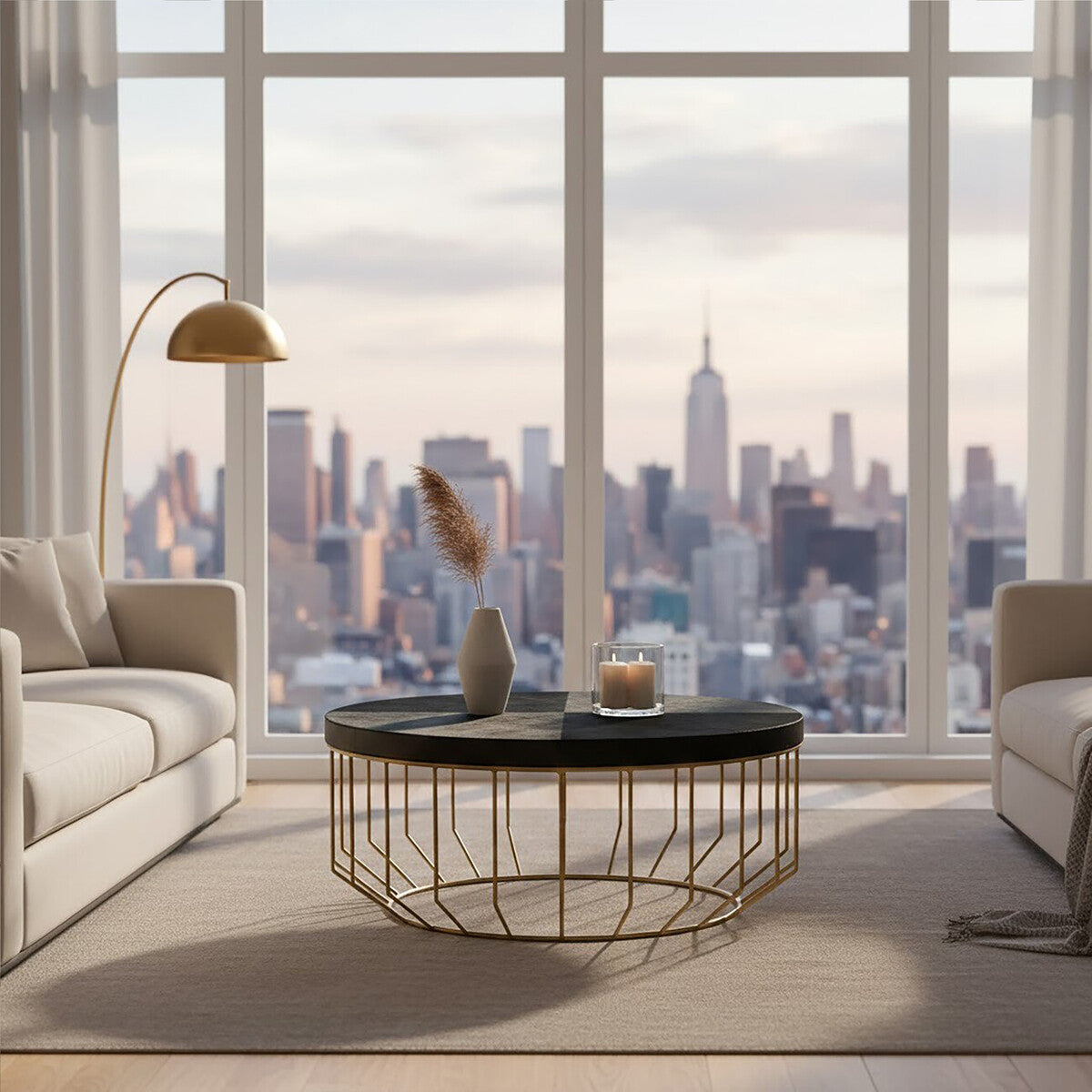 Kensington Townhouse Hair on Leather Round Coffee Table - PN Home