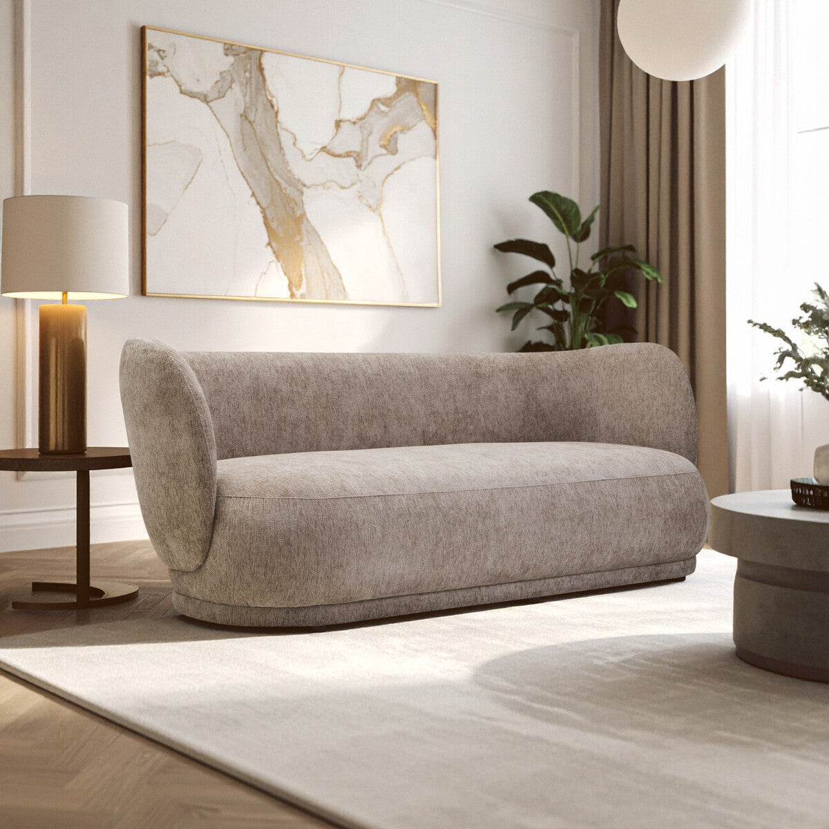 Delray Textured Chenille Effect Deep Stone Curve Three Seater Sofa
