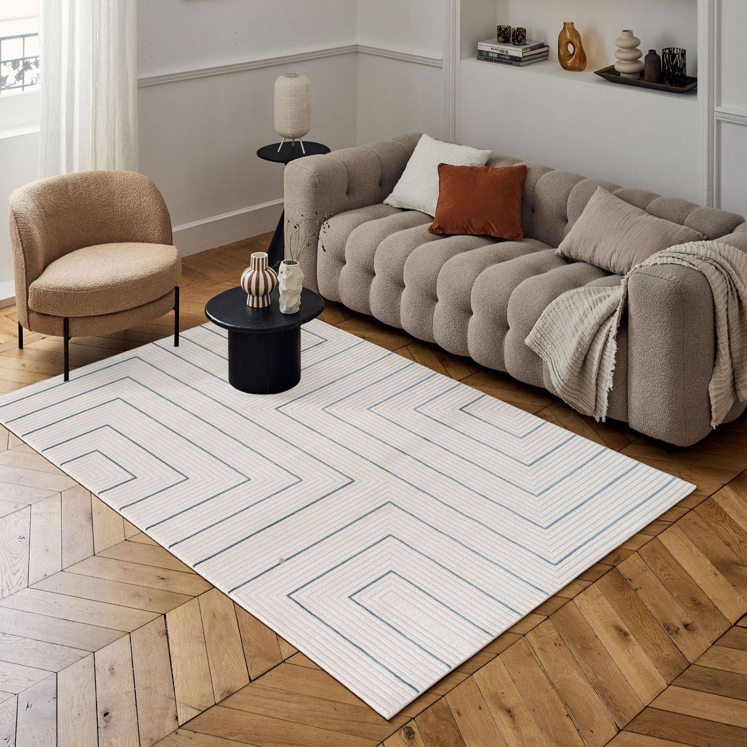 Carmel Cream-Blue Geometric Rug | 6040 - PN Home