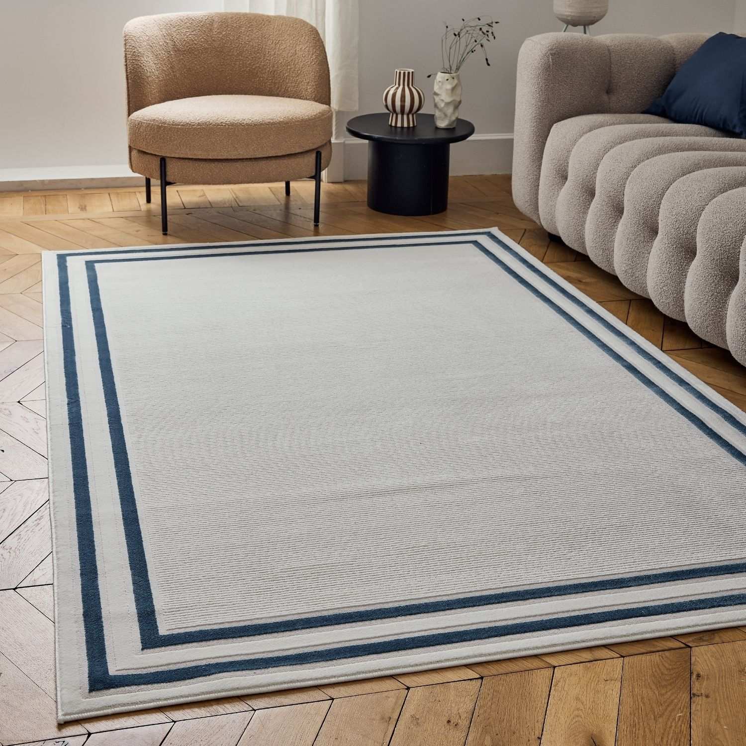 Carmel Cream-Blue Bordered Rug | 6060 - PN Home