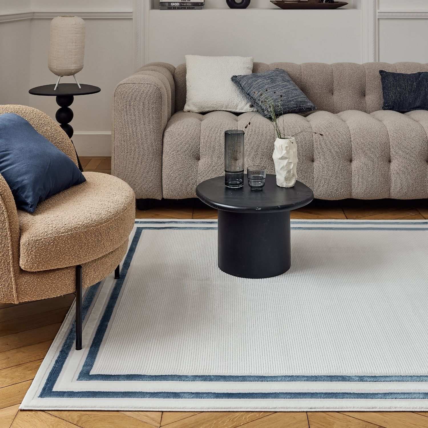 Carmel Cream-Blue Bordered Rug | 6060 - PN Home