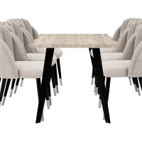 Milano Duke LUX Dining Set | a Light Walunt Dining Table & 6 Velvet Dining Chairs with Gold End Caps
