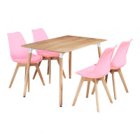 5PCs Dining Set - an Oak Halo Dining Table & Set of 4 Pink Lorenzo Tulip chairs with Padded Seat