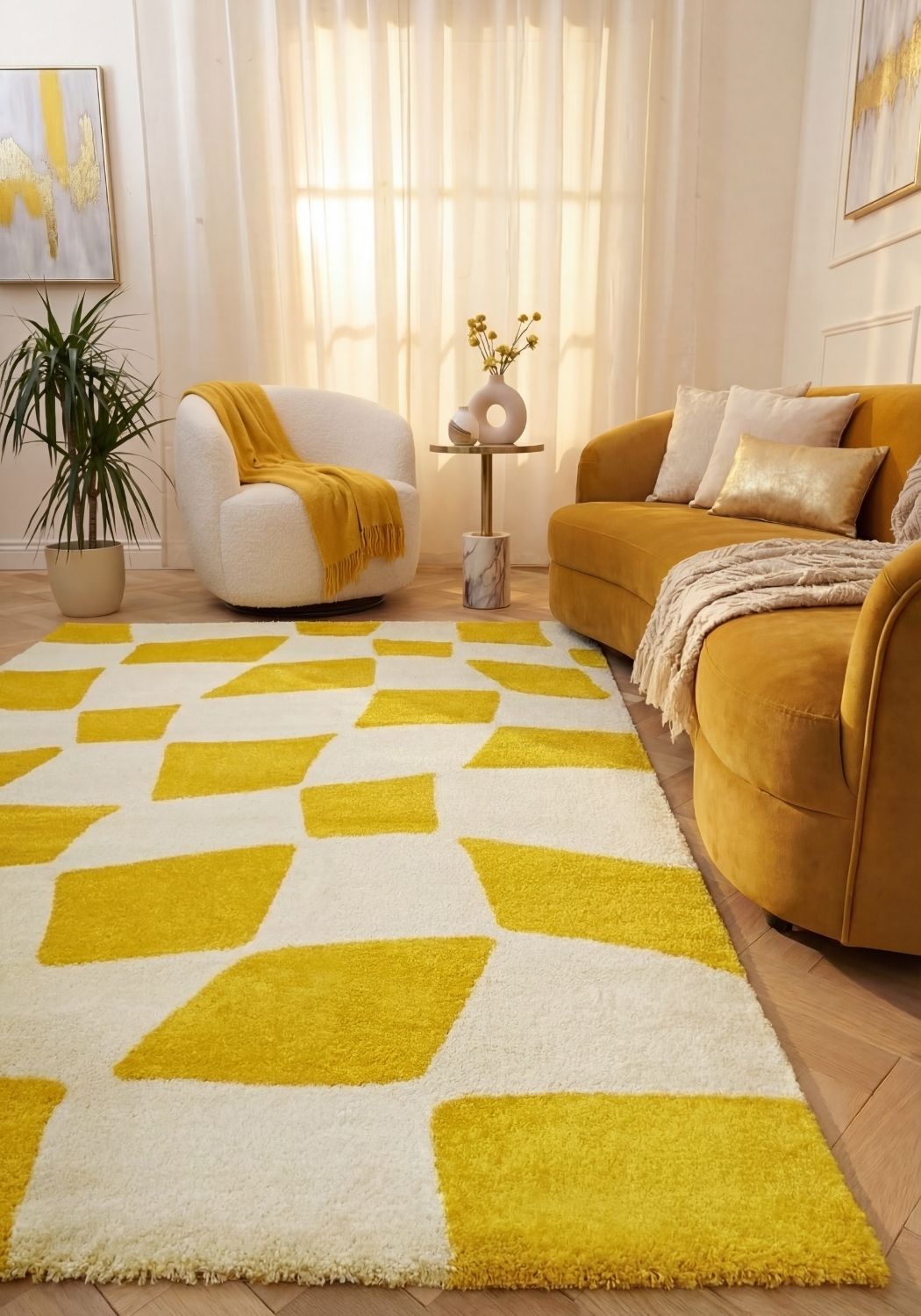 Joli Checkered Yellow & White Rug - PN Home