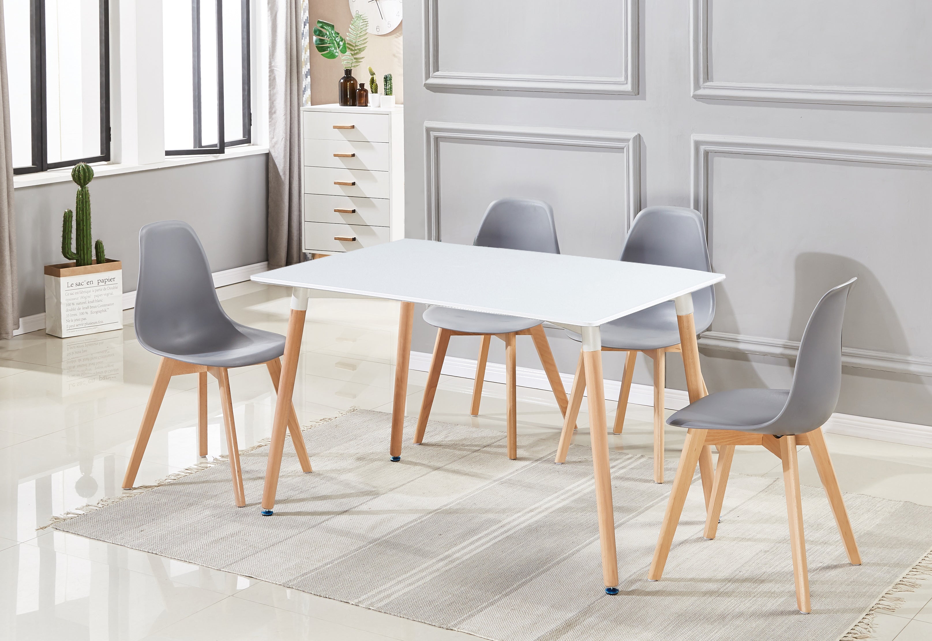 Rico Halo Dining Set with White Table and 4 Grey Chairs