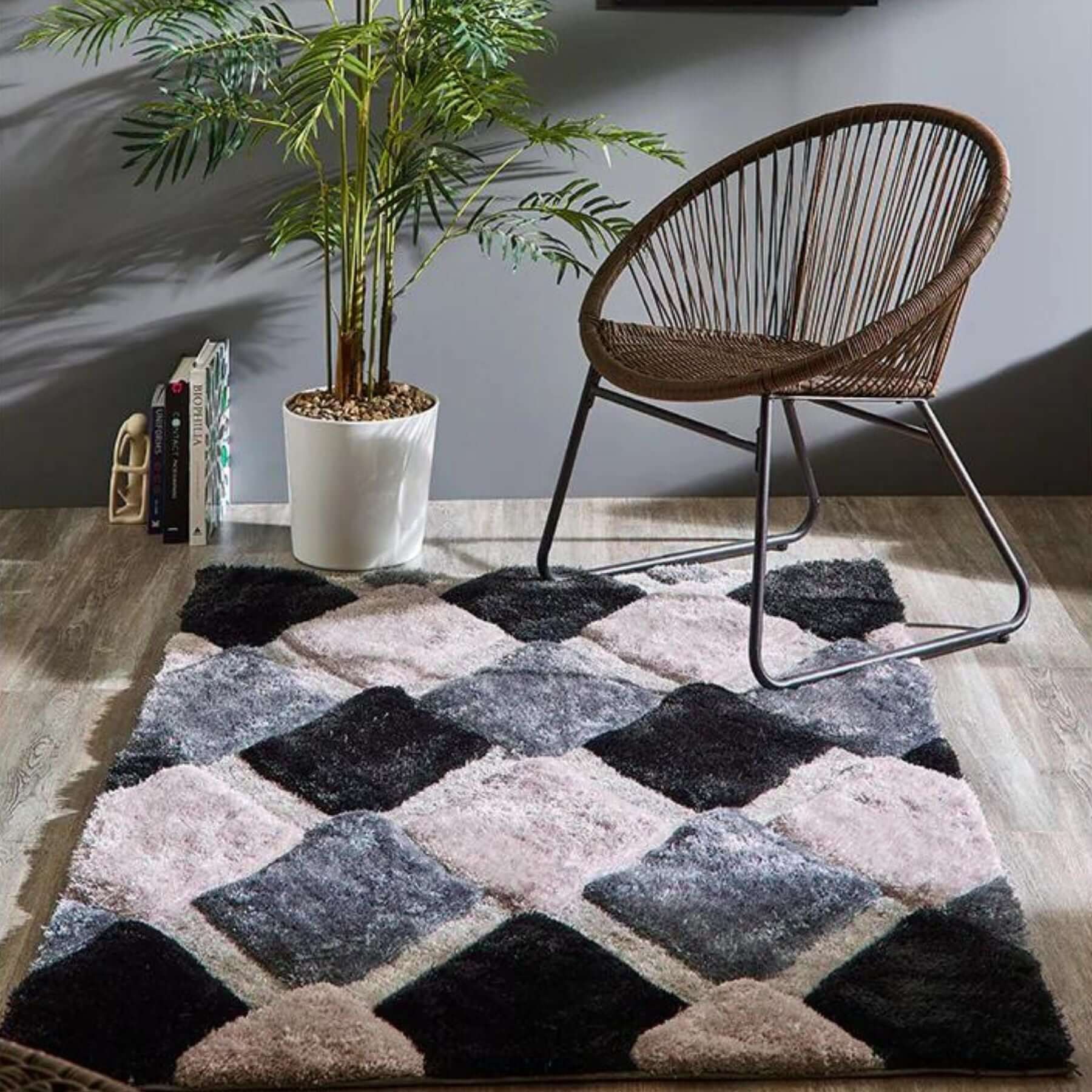 3D Grey Geometric Shaggy Rug - PN Home
