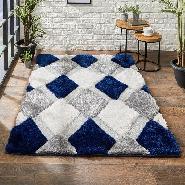 3D Navy Geometric Shaggy Rug - PN Home