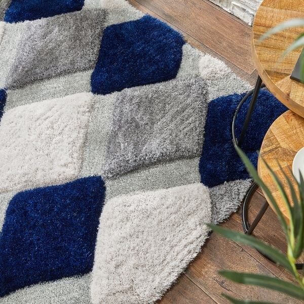 3D Navy Geometric Shaggy Rug - PN Home