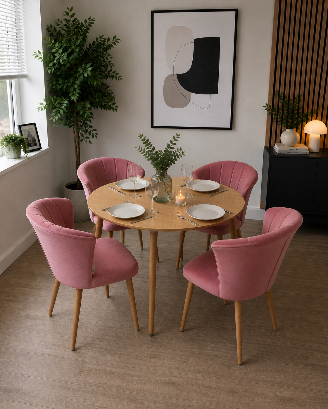 Elsa Dining Set with Round Table and Set of 4 Elsa Velvet Dining Chairs - PN Home