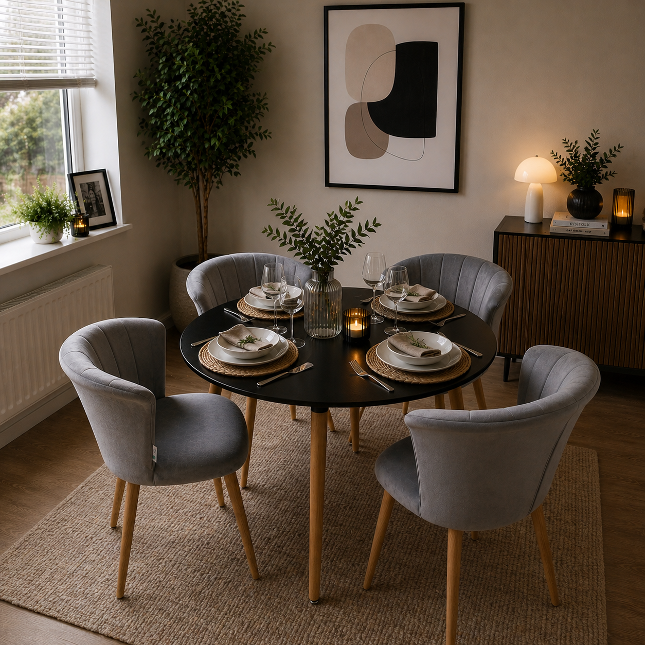 Elsa Dining Set with Round Table and Set of 4 Elsa Velvet Dining Chairs - PN Home
