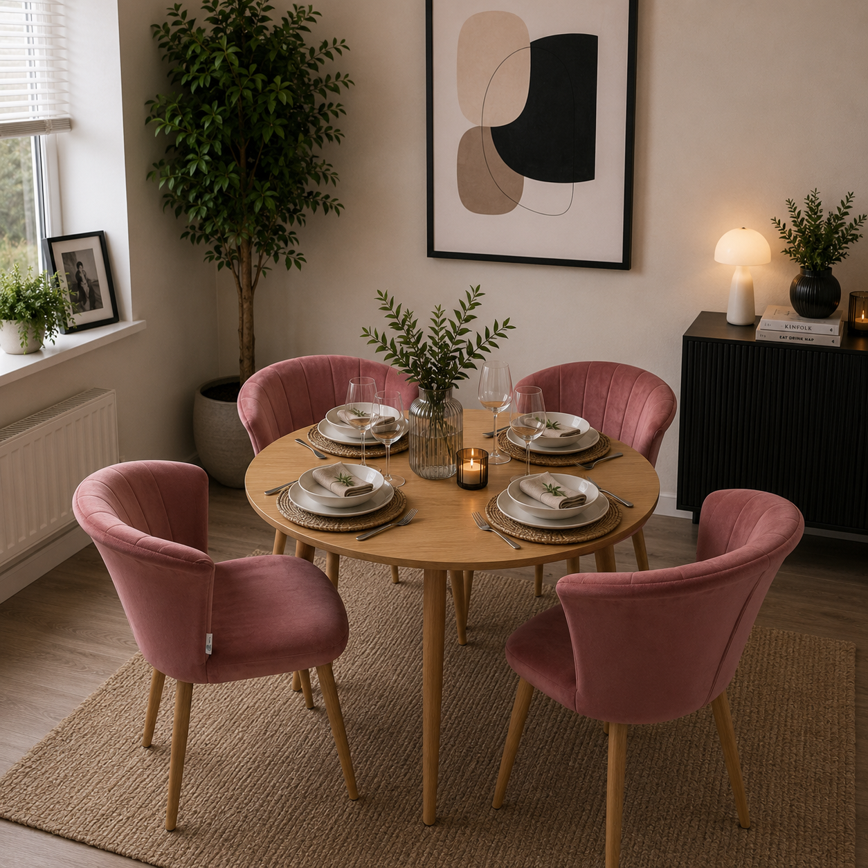 Elsa Dining Set with Round Table and Set of 4 Elsa Velvet Dining Chairs - PN Home