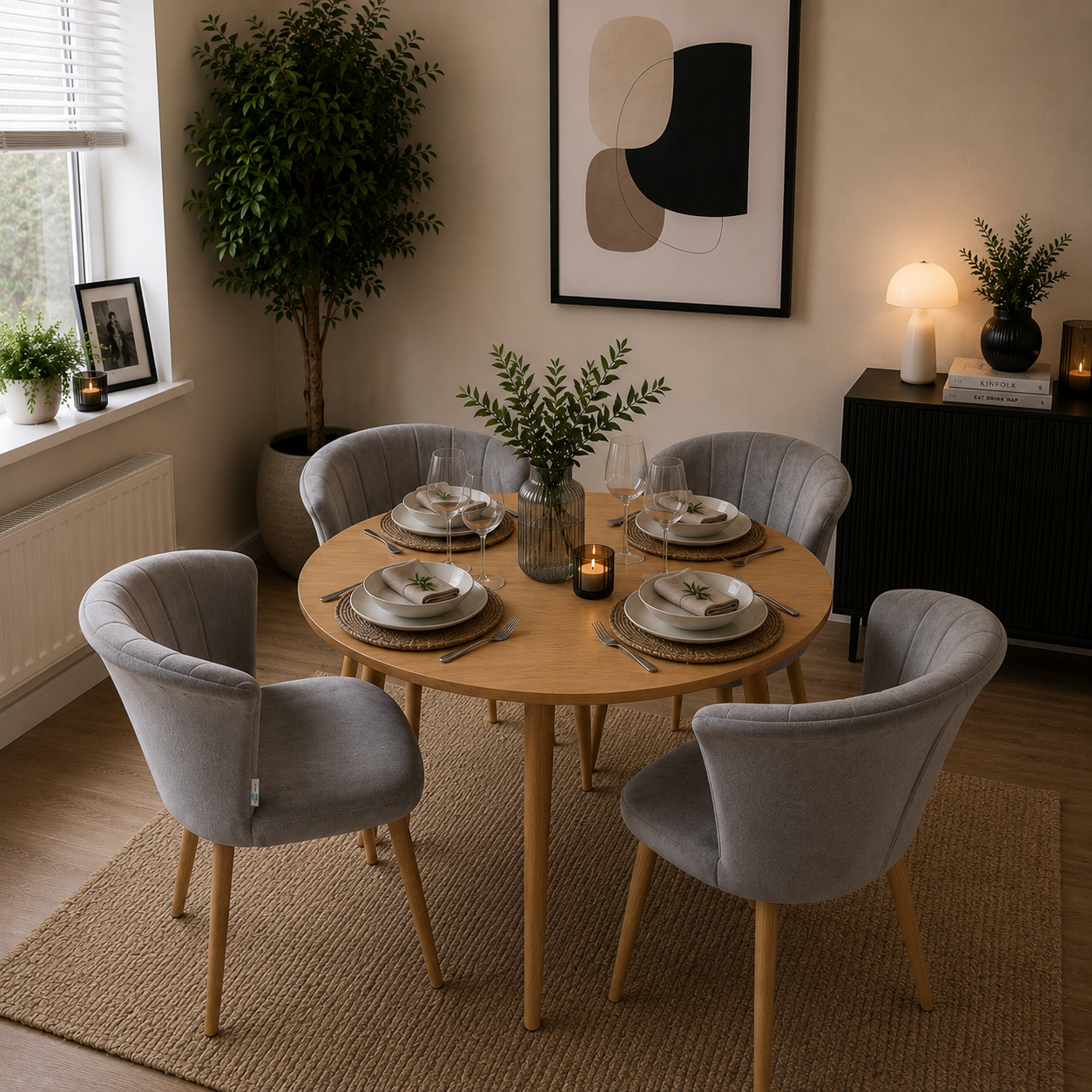 Elsa Dining Set with Round Table and Set of 4 Elsa Velvet Dining Chairs - PN Home