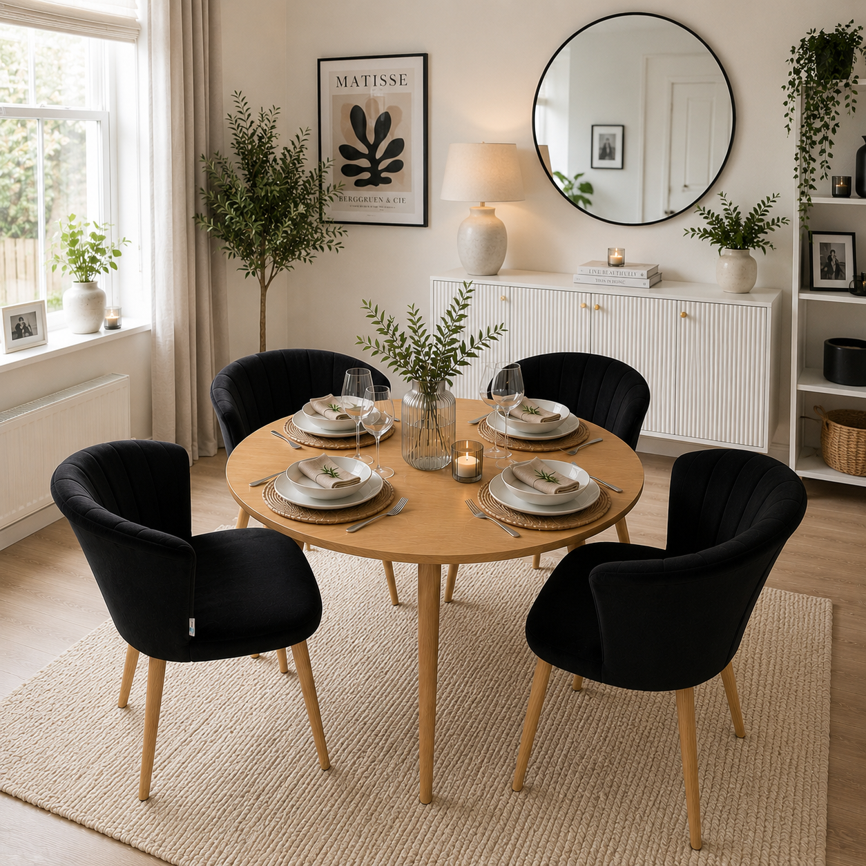 Elsa Dining Set with Round Table and Set of 4 Elsa Velvet Dining Chairs - PN Home