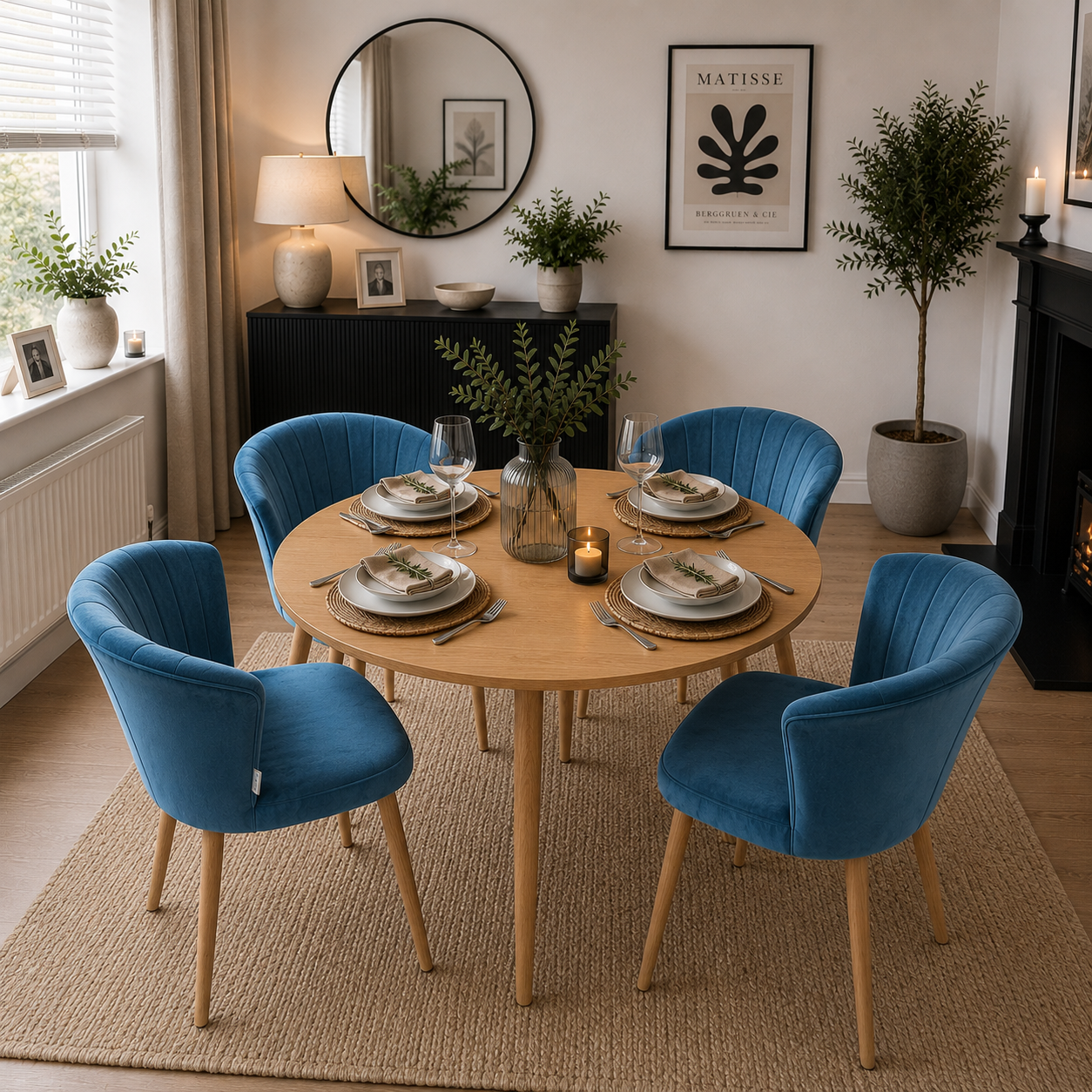 Elsa Dining Set with Round Table and Set of 4 Elsa Velvet Dining Chairs - PN Home