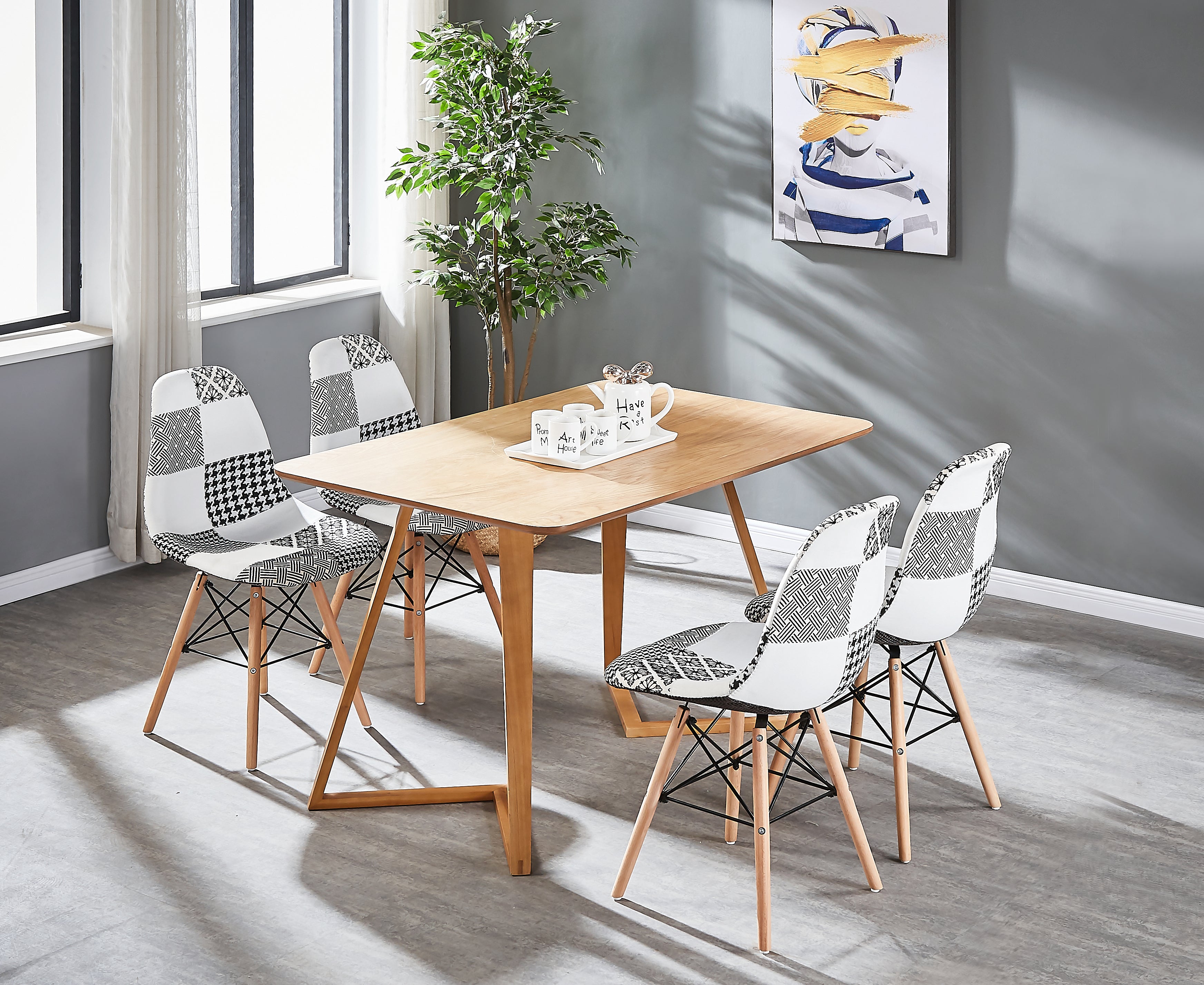 Black/White Patchwork Modern Dining Chair with Wooden Legs & Black Metal Wire Frame - PN Home