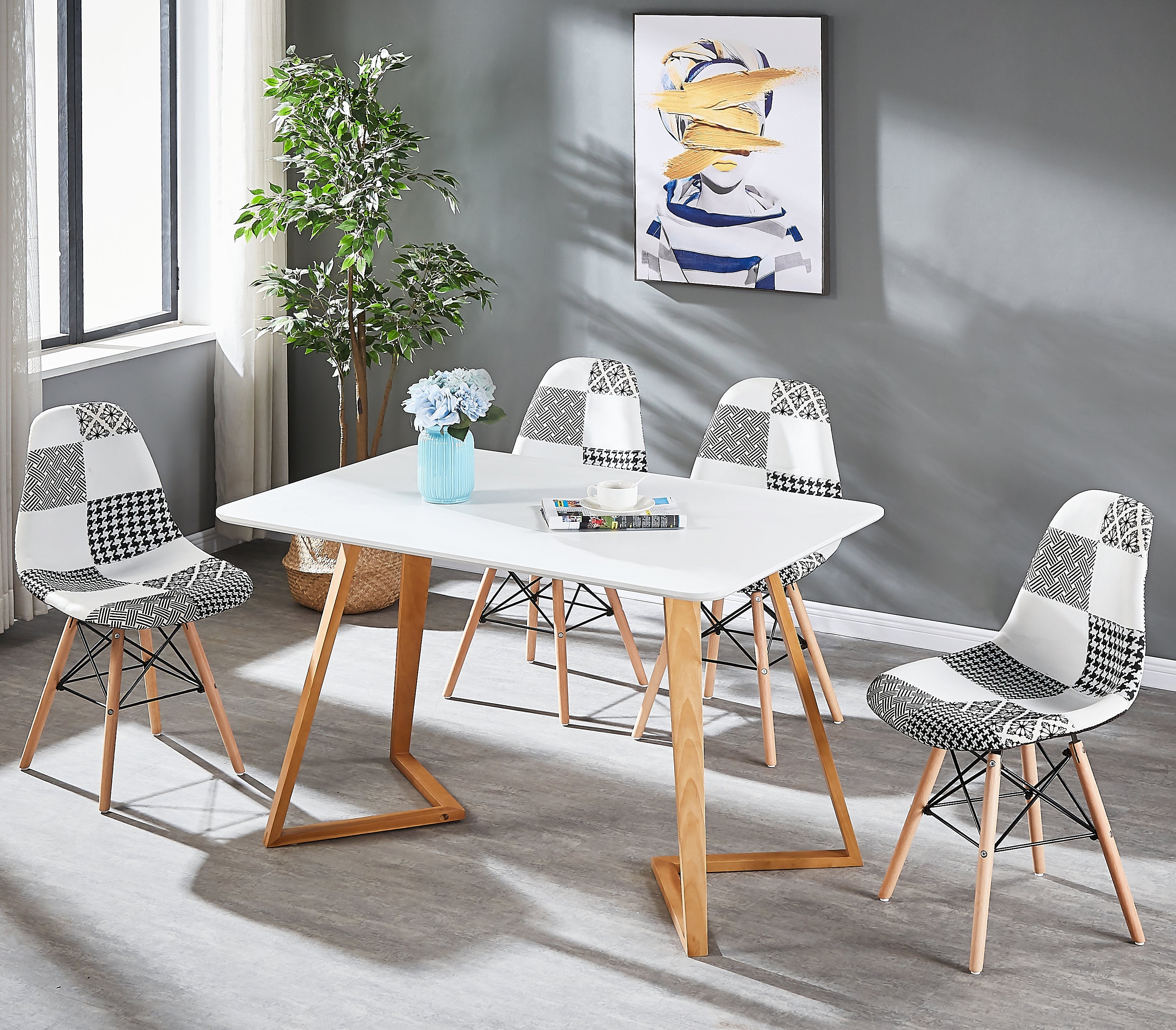 Black/White Patchwork Modern Dining Chair with Wooden Legs & Black Metal Wire Frame - PN Home